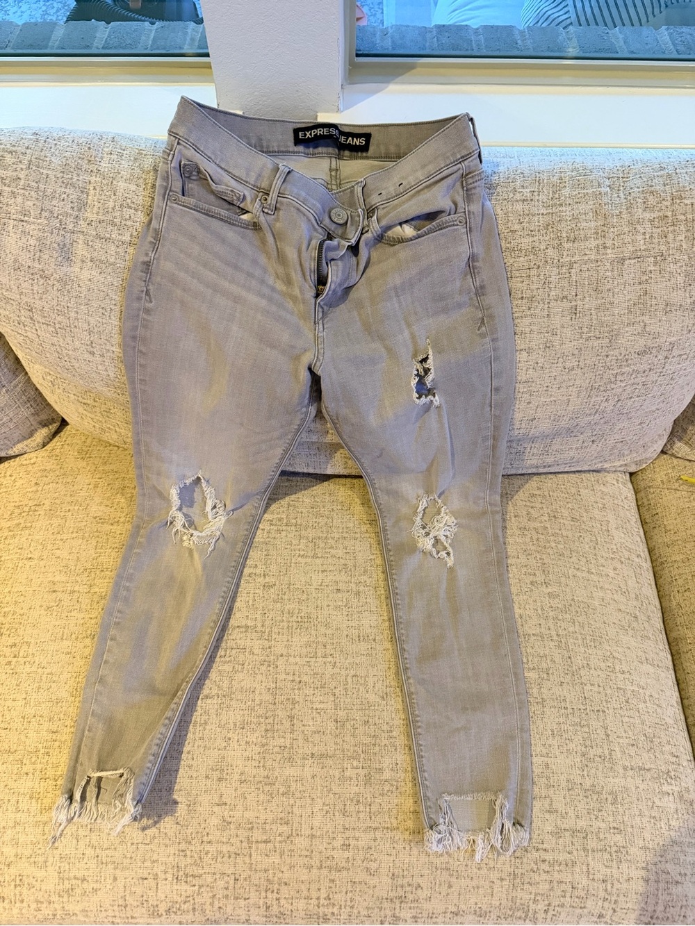 Express Light Gray Distressed High-Rise Skinny Jeans